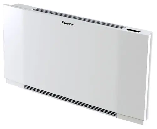 Weißes Heizgerät von Daikin mit glatter Oberfläche, horizontalem Design und Lüftungsschlitzen auf der Unterseite, montiert an einer Wand.